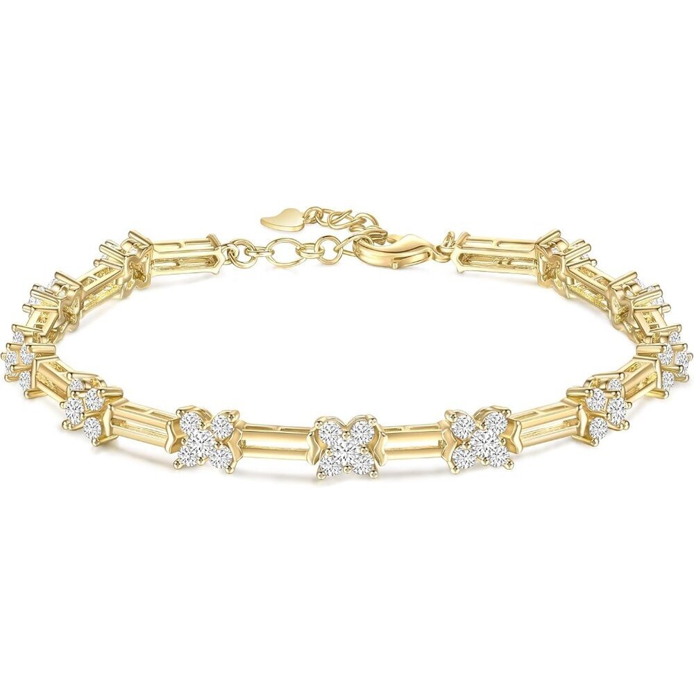 14K Gold-Plated Dainty Cubic Zirconia Link Chain Bracelet for Women, Elegant and